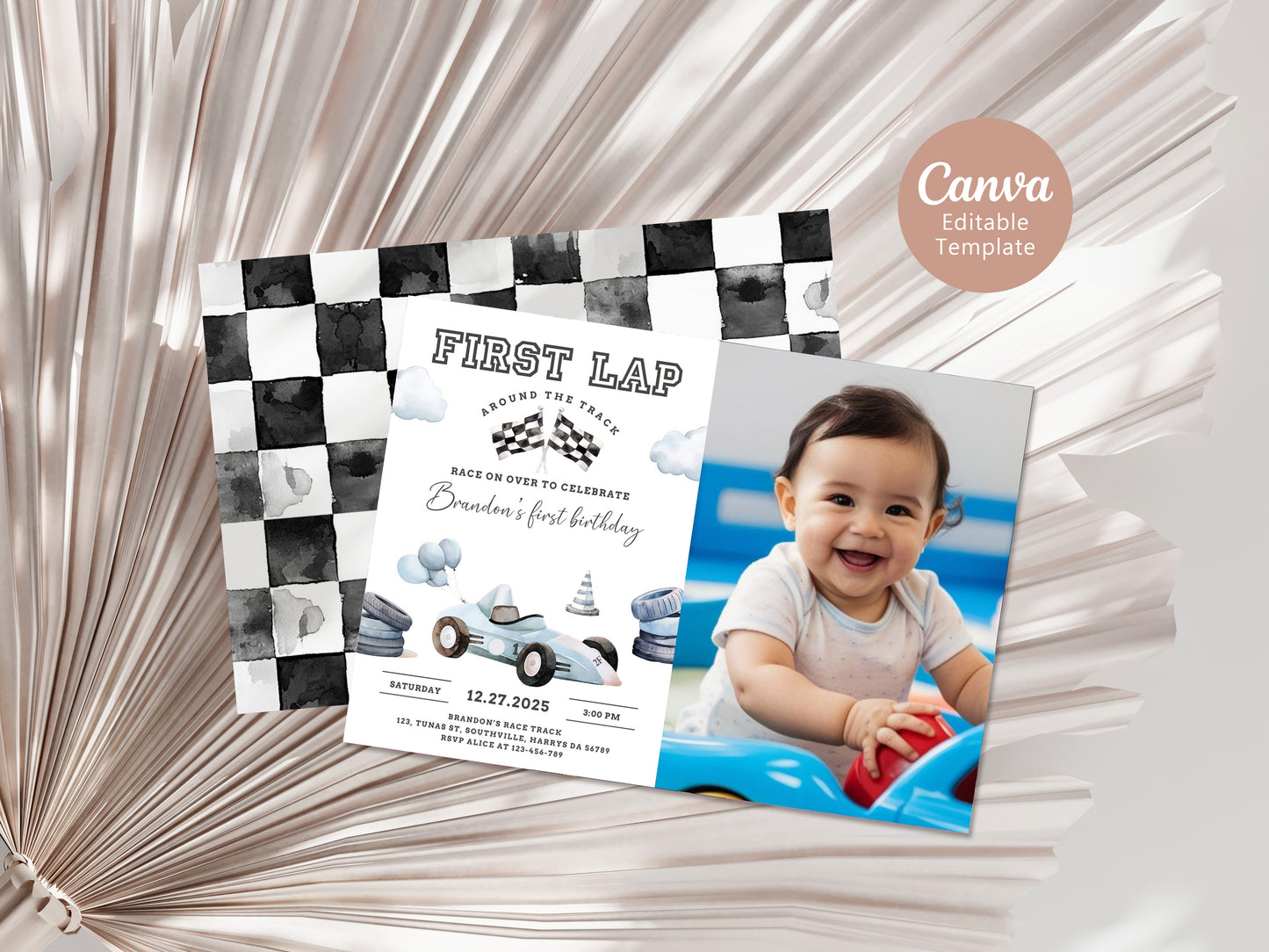 Race Car Photo Birthday Invitation Card, First Lap Around the Track, Printable Fast One 1st Birthday, Editable Canva Template, Evite, 0469