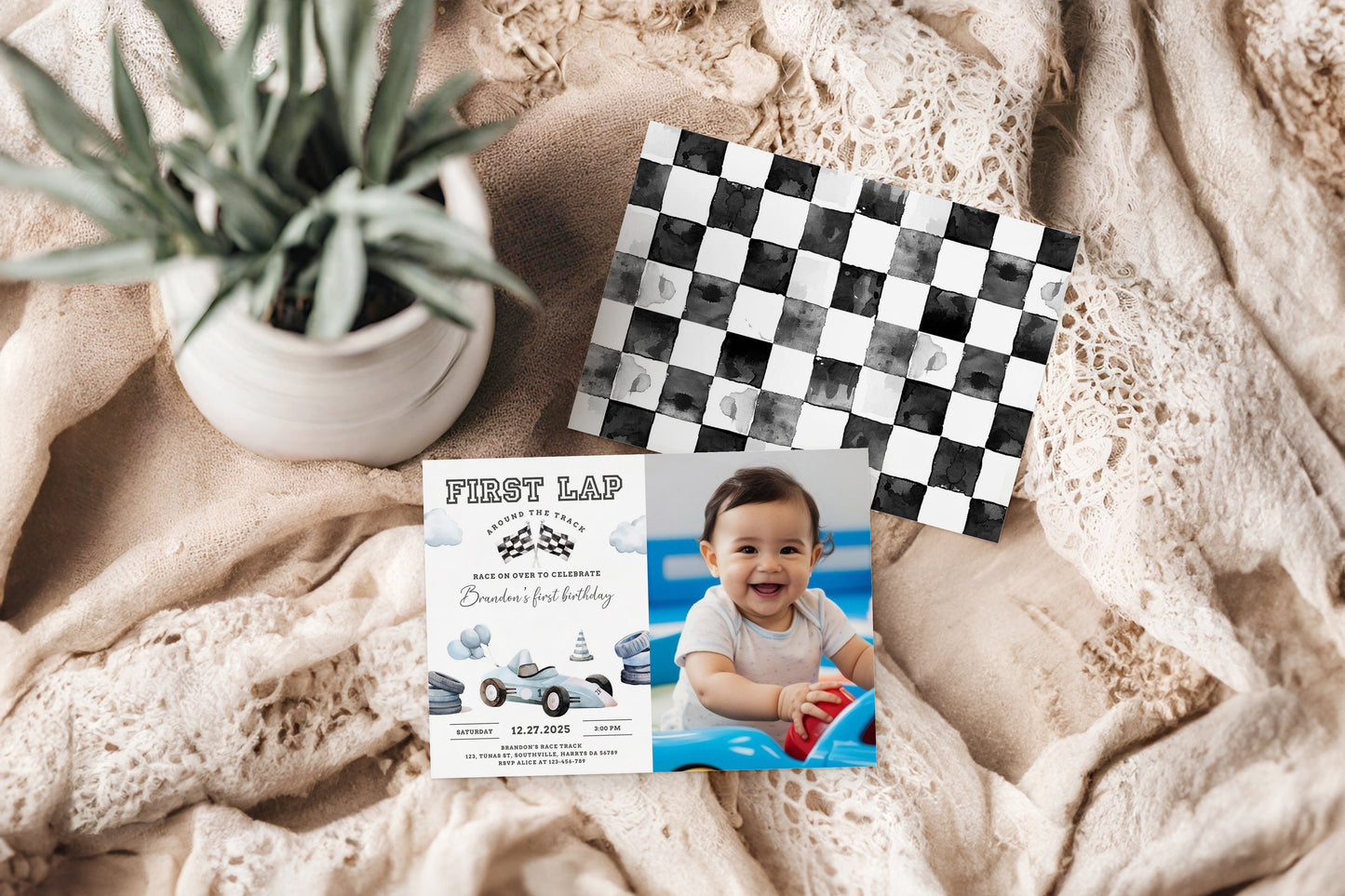 Race Car Photo Birthday Invitation Card, First Lap Around the Track, Printable Fast One 1st Birthday, Editable Canva Template, Evite, 0469