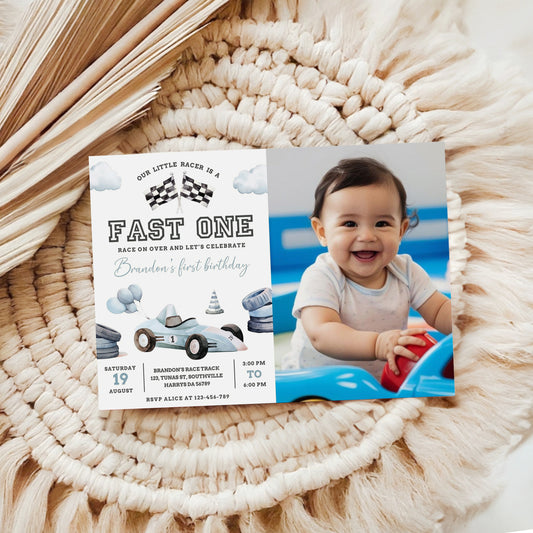 Editable Fast One 1st Birthday Invitation Racing Car Boy First Birthday Invite Vintage Blue Race Car Party Printable Template Download, 0465