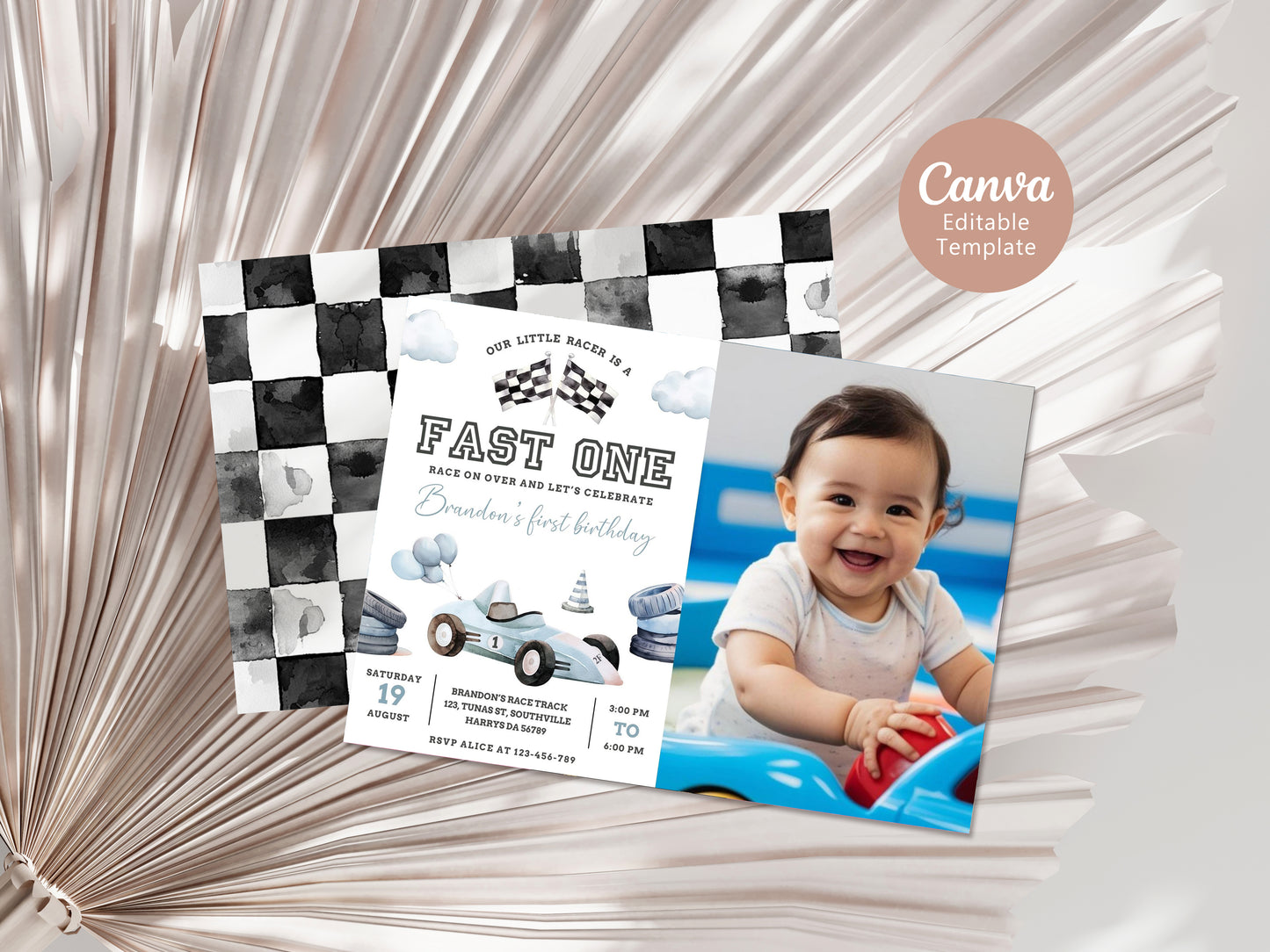 Editable Fast One 1st Birthday Invitation Racing Car Boy First Birthday Invite Vintage Blue Race Car Party Printable Template Download, 0465