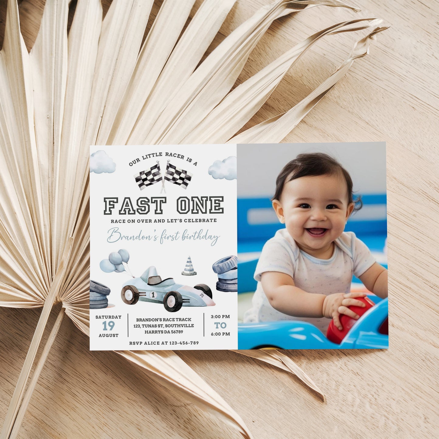 Editable Fast One 1st Birthday Invitation Racing Car Boy First Birthday Invite Vintage Blue Race Car Party Printable Template Download, 0465