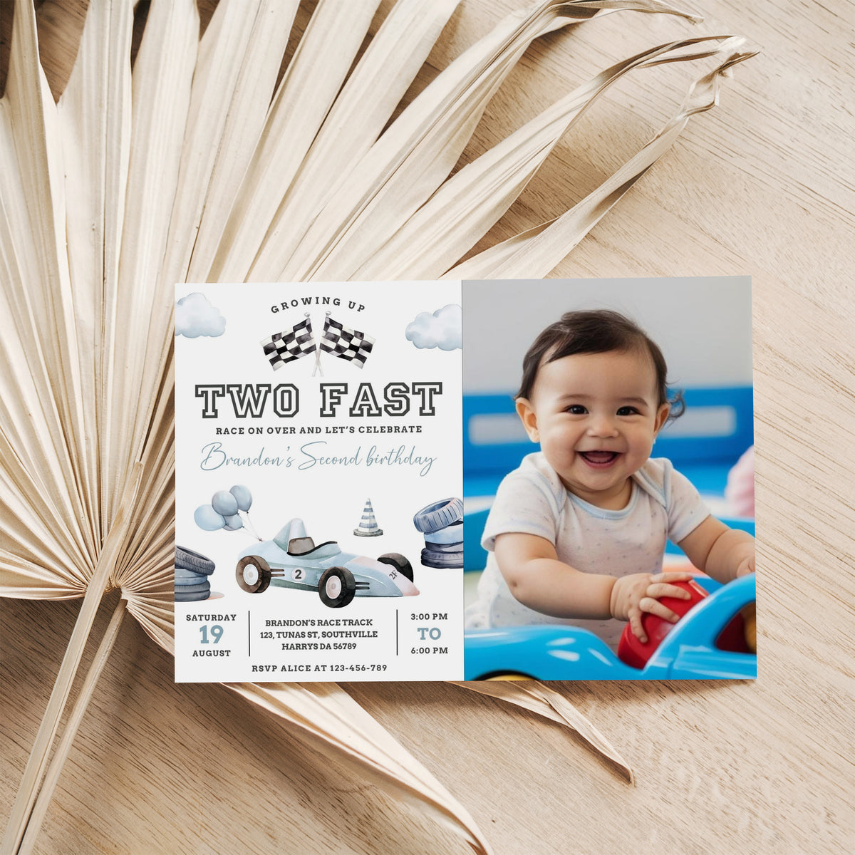 Editable Two Fast Birthday Invitation with photo, Cars Lighting McQueen Invitation, Race Car 2nd Birthday with a picture, Digital Canva 0466
