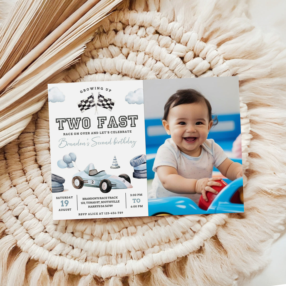Editable Two Fast Birthday Invitation with photo, Cars Lighting McQueen Invitation, Race Car 2nd Birthday with a picture, Digital Canva 0466