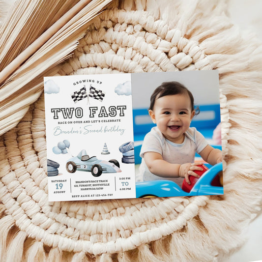 Editable Two Fast Birthday Invitation with photo, Cars Lighting McQueen Invitation, Race Car 2nd Birthday with a picture, Digital Canva 0466