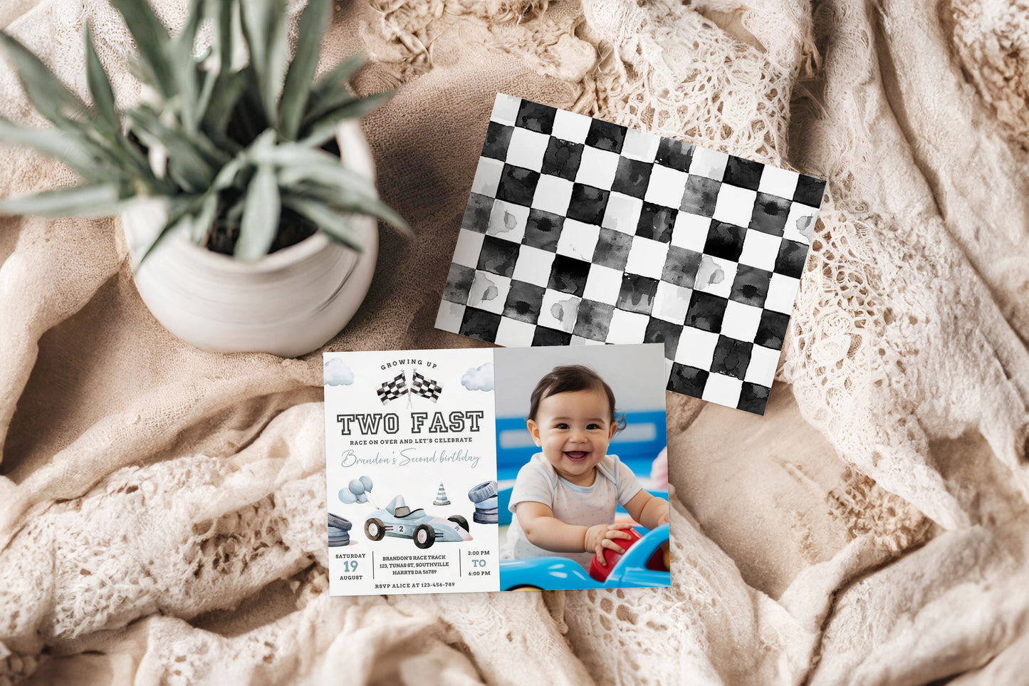 Editable Two Fast Birthday Invitation with photo, Cars Lighting McQueen Invitation, Race Car 2nd Birthday with a picture, Digital Canva 0466