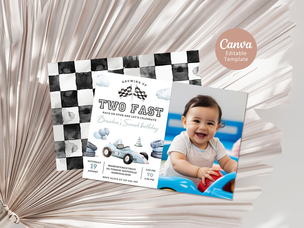 Editable Two Fast Birthday Invitation with photo, Cars Lighting McQueen Invitation, Race Car 2nd Birthday with a picture, Digital Canva 0466