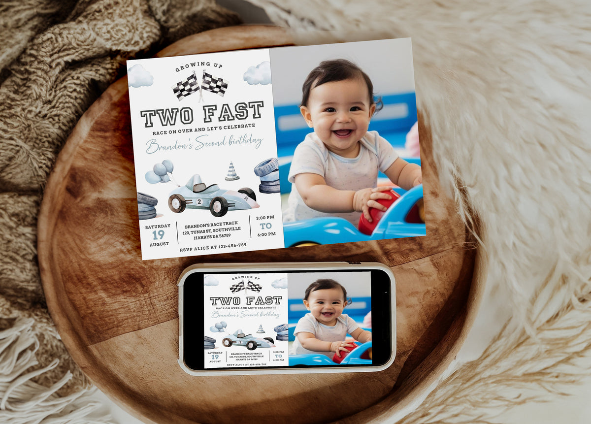 Editable Two Fast Birthday Invitation with photo, Cars Lighting McQueen Invitation, Race Car 2nd Birthday with a picture, Digital Canva 0466
