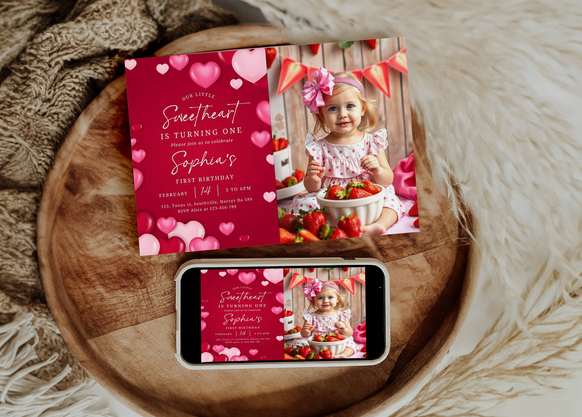 Sweetheart Birthday, First Birthday, Valentine Birthday, Little Sweetheart, Valentine Invitation, Photo Invite 1st Birthday Evite, 0476