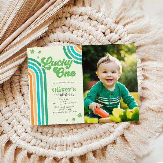 Editable Lucky One Photo Invitation, Shamrock Birthday Photo Invitation, Lucky One First Birthday Boy, St Patrick's Birthday Photo Invitation, Instant 0488