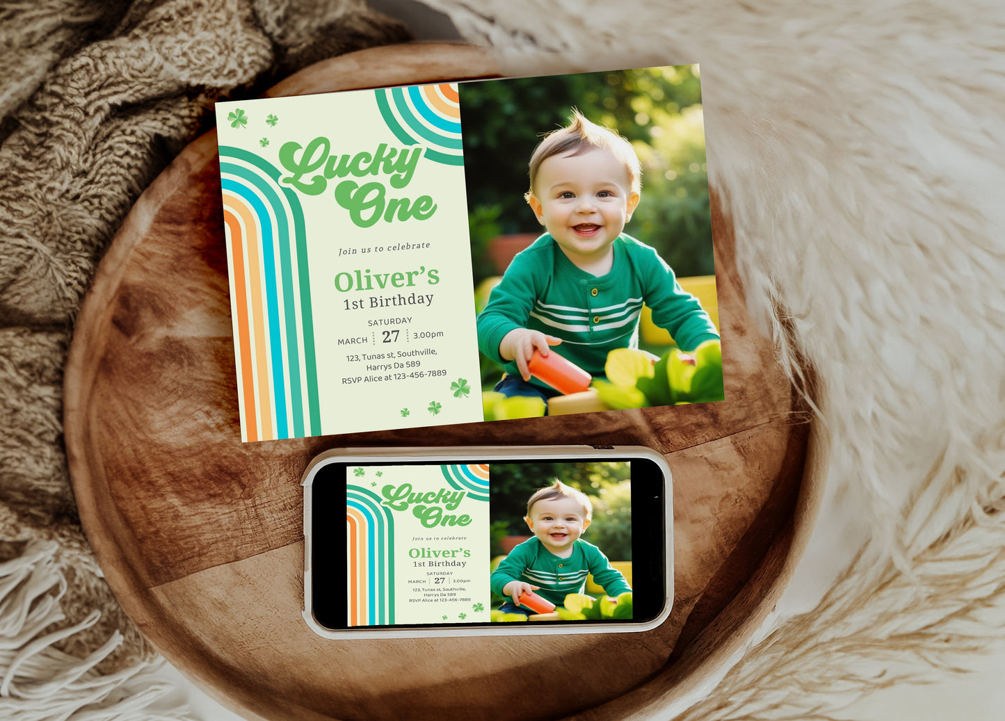 Editable Lucky One Photo Invitation, Shamrock Birthday Photo Invitation, Lucky One First Birthday Boy, St Patrick's Birthday Photo Invitation, Instant 0488