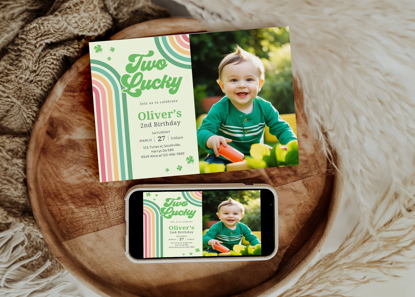 Editable Two Lucky Birthday Photo Invitation, Two Lucky Photo Invite Boy, Shamrock Birthday Photo Invitation, St Patrick's Birthday Photo Invitation 0489