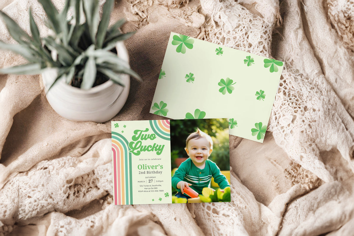 Editable Two Lucky Birthday Photo Invitation, Two Lucky Photo Invite Boy, Shamrock Birthday Photo Invitation, St Patrick's Birthday Photo Invitation 0489