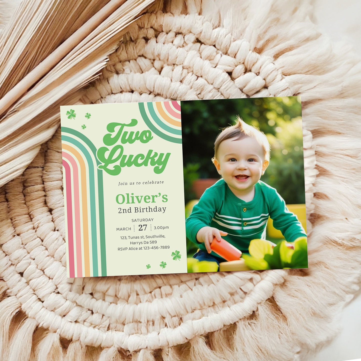 Editable Two Lucky Birthday Photo Invitation, Two Lucky Photo Invite Boy, Shamrock Birthday Photo Invitation, St Patrick's Birthday Photo Invitation 0489