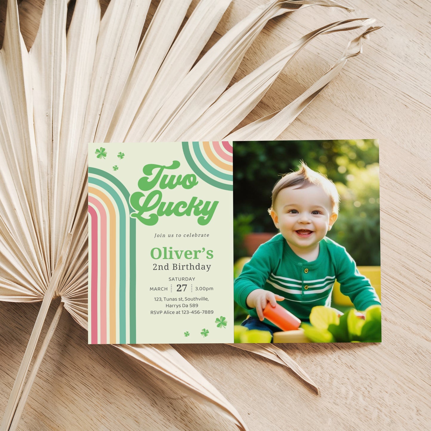 Editable Two Lucky Birthday Photo Invitation, Two Lucky Photo Invite Boy, Shamrock Birthday Photo Invitation, St Patrick's Birthday Photo Invitation 0489