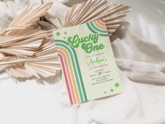 St. Patrick's Day Birthday Invitation Shamrock Rainbow Party Invite Green Lucky One Girl Boy First 1st Editable Download, Evite Digital 0490