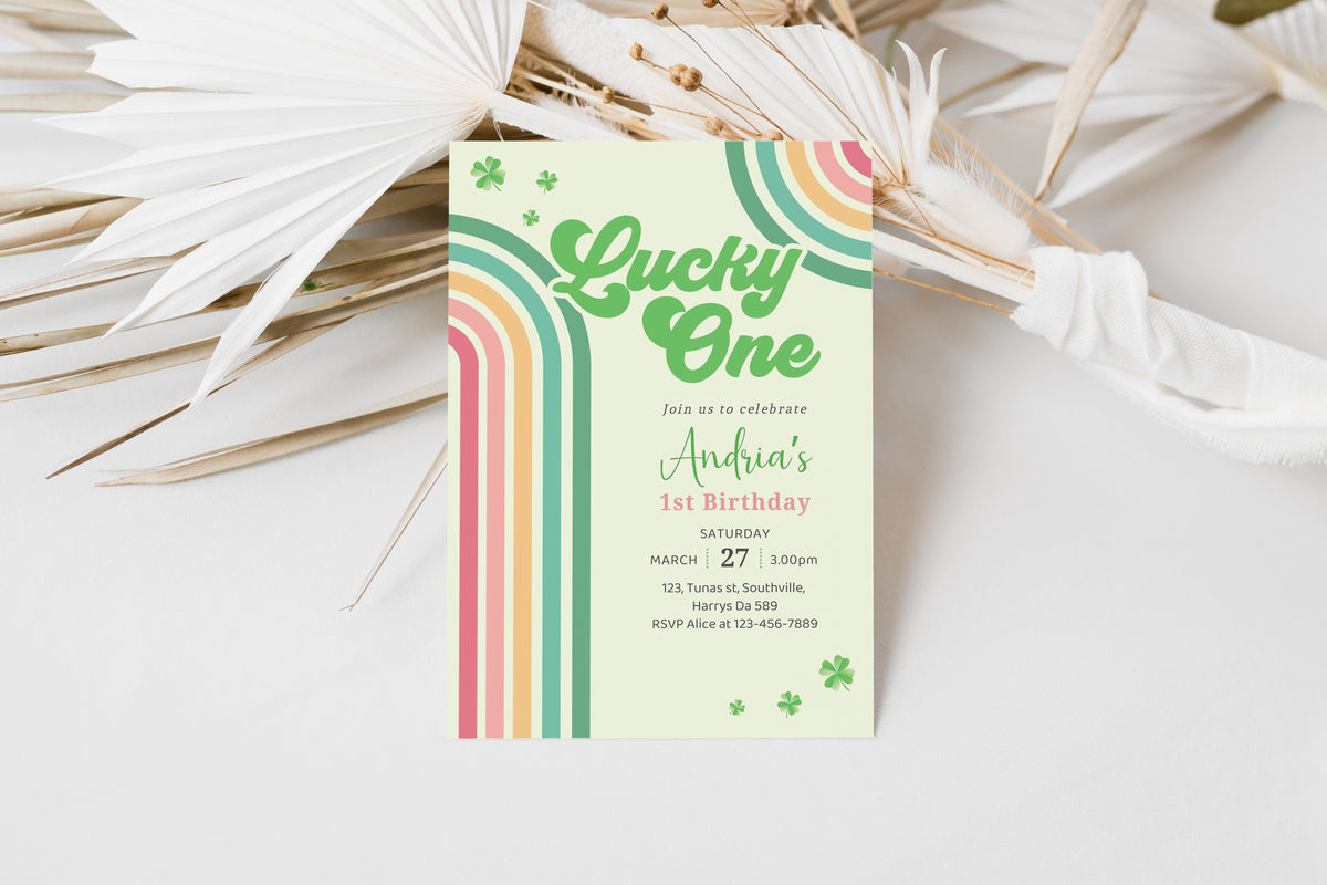 St. Patrick's Day Birthday Invitation Shamrock Rainbow Party Invite Green Lucky One Girl Boy First 1st Editable Download, Evite Digital 0490
