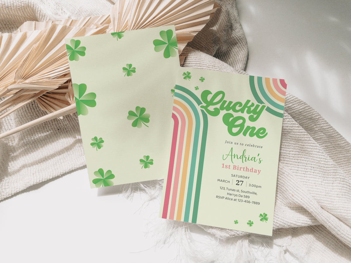 St. Patrick's Day Birthday Invitation Shamrock Rainbow Party Invite Green Lucky One Girl Boy First 1st Editable Download, Evite Digital 0490