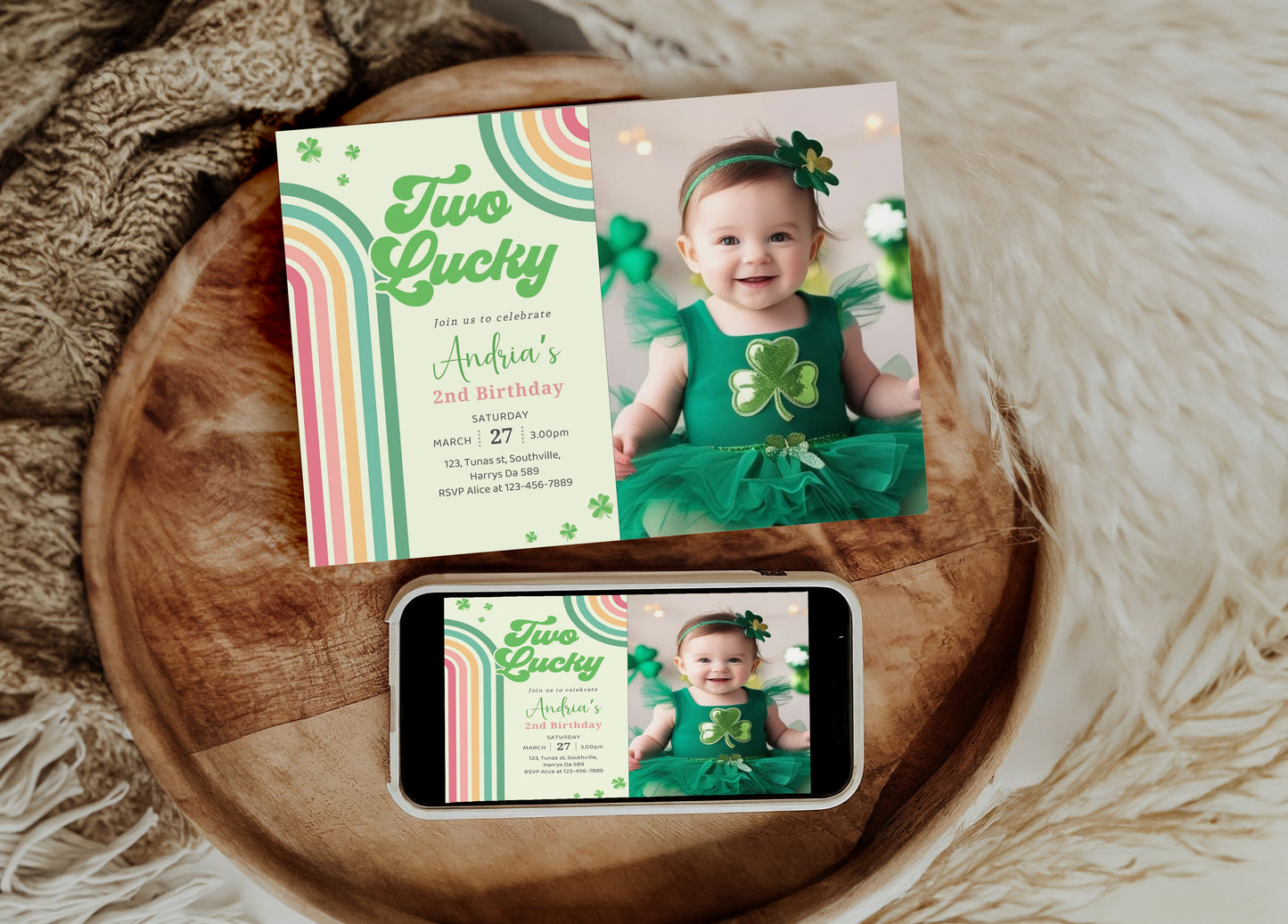 St. Patrick's Day Birthday Photo Invitation Shamrock Rainbow Party Photo Invite Green Lucky One Girl Boy Second 2nd Editable Download, Evite Digital B490