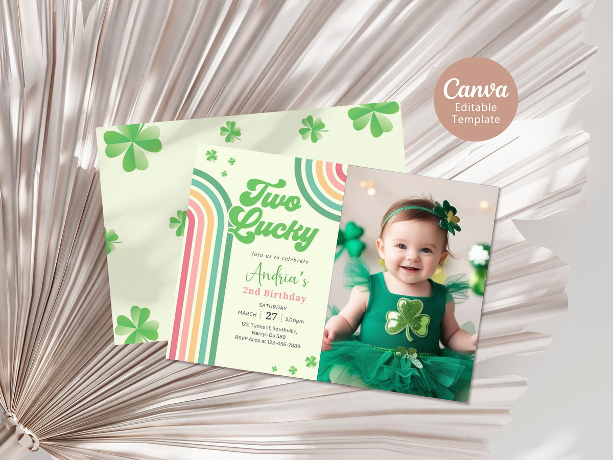 St. Patrick's Day Birthday Photo Invitation Shamrock Rainbow Party Photo Invite Green Lucky One Girl Boy Second 2nd Editable Download, Evite Digital B490