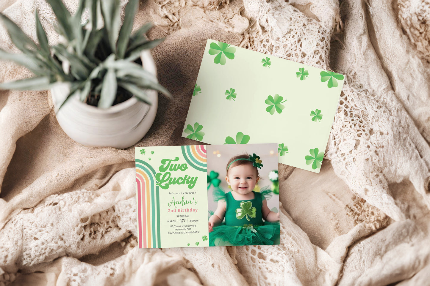 St. Patrick's Day Birthday Photo Invitation Shamrock Rainbow Party Photo Invite Green Lucky One Girl Boy Second 2nd Editable Download, Evite Digital B490