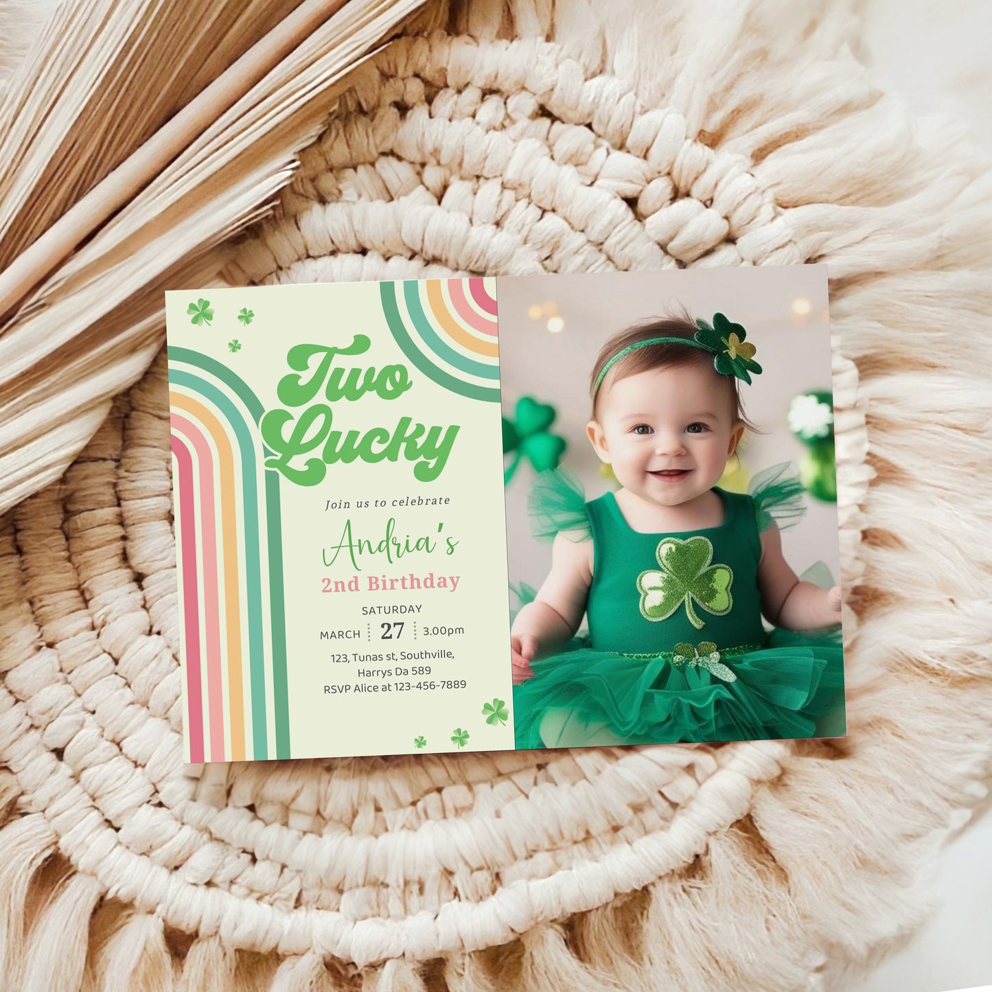 St. Patrick's Day Birthday Photo Invitation Shamrock Rainbow Party Photo Invite Green Lucky One Girl Boy Second 2nd Editable Download, Evite Digital B490