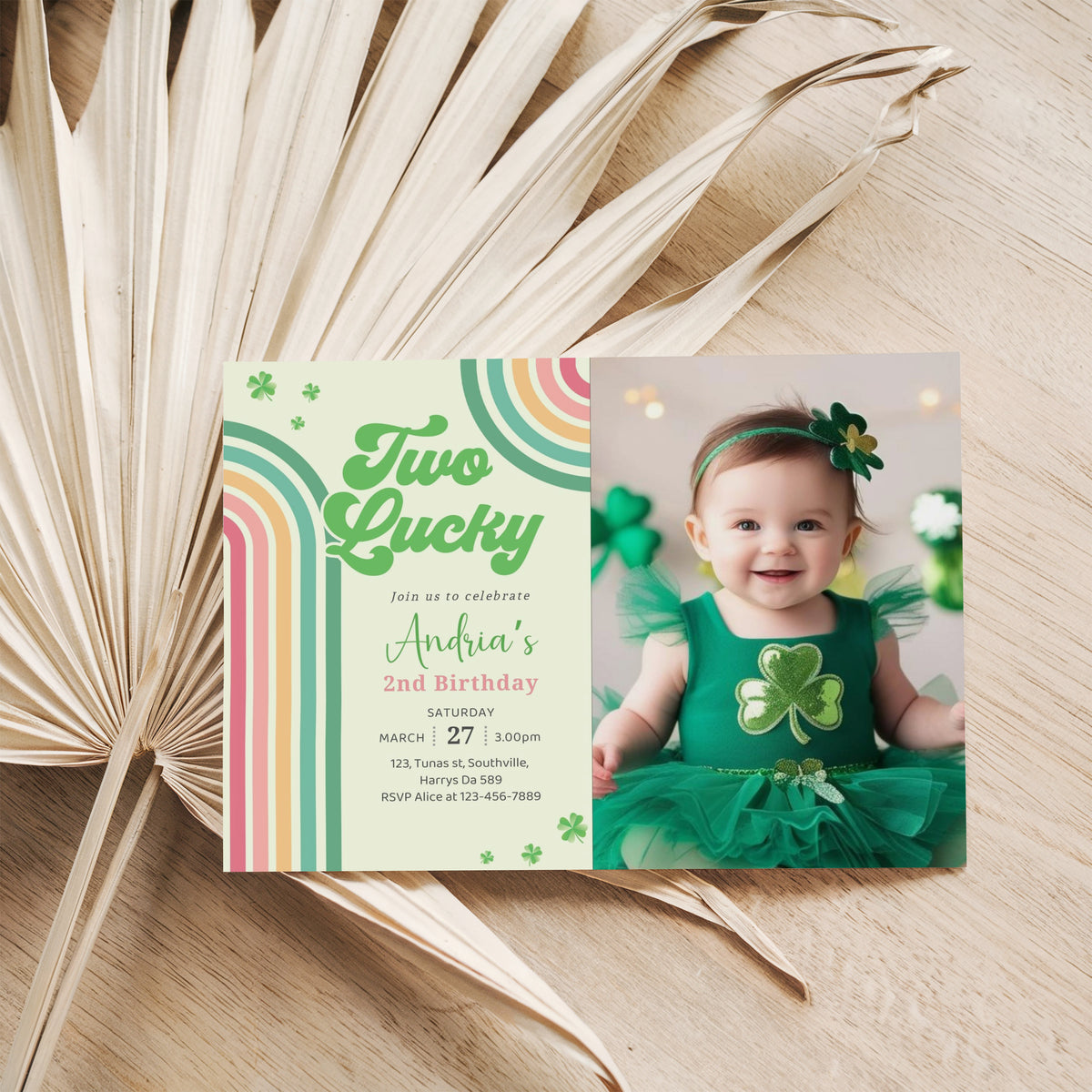 St. Patrick's Day Birthday Photo Invitation Shamrock Rainbow Party Photo Invite Green Lucky One Girl Boy Second 2nd Editable Download, Evite Digital B490