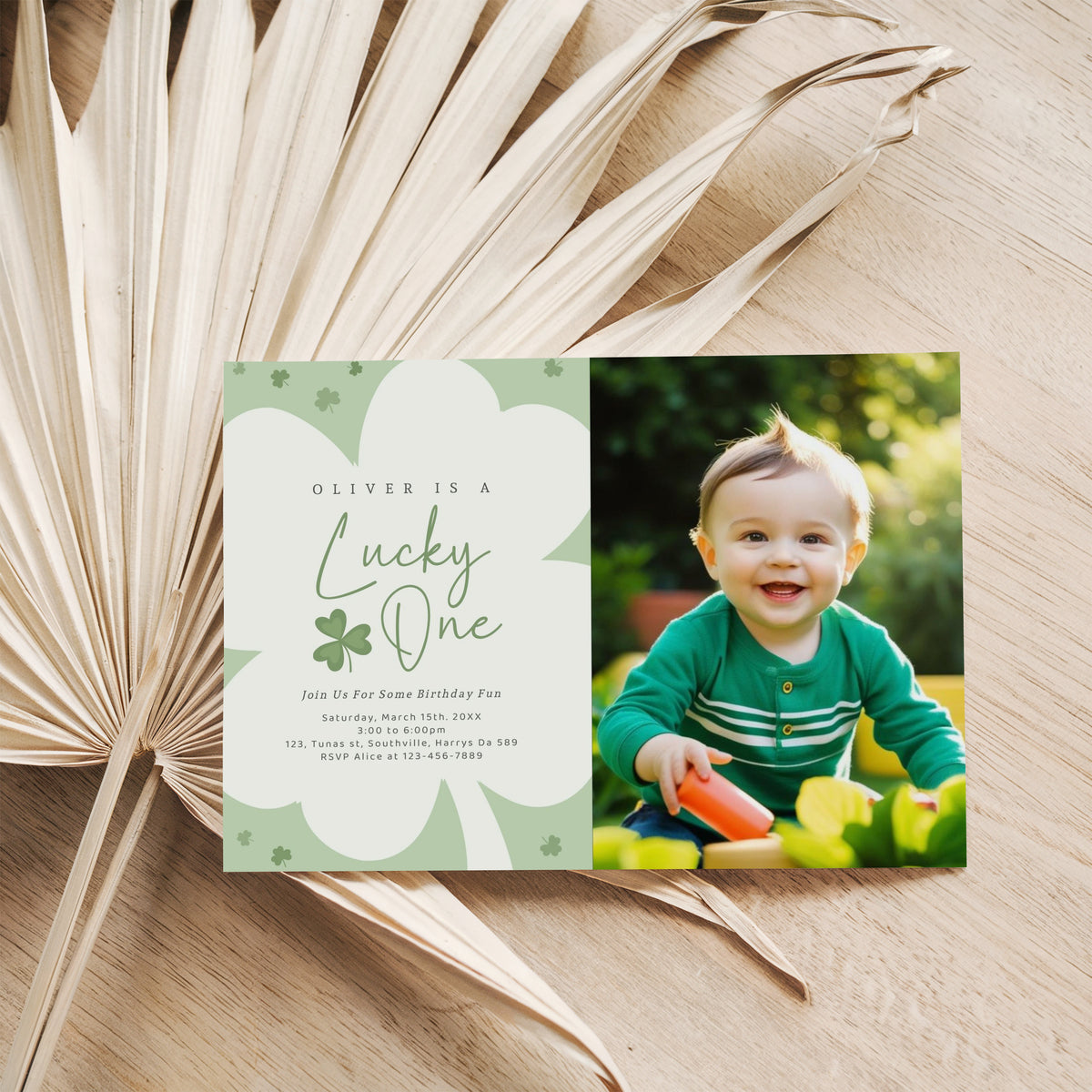 Editable Lucky One Photo Invitation, Shamrock Birthday Photo Invitation, Lucky One First Birthday Boy, St Patrick's Birthday Photo Invitation, Instant 0494