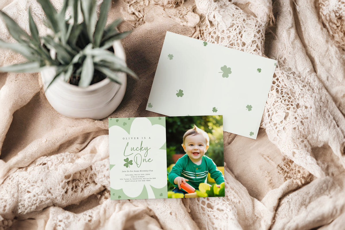 Editable Lucky One Photo Invitation, Shamrock Birthday Photo Invitation, Lucky One First Birthday Boy, St Patrick's Birthday Photo Invitation, Instant 0494