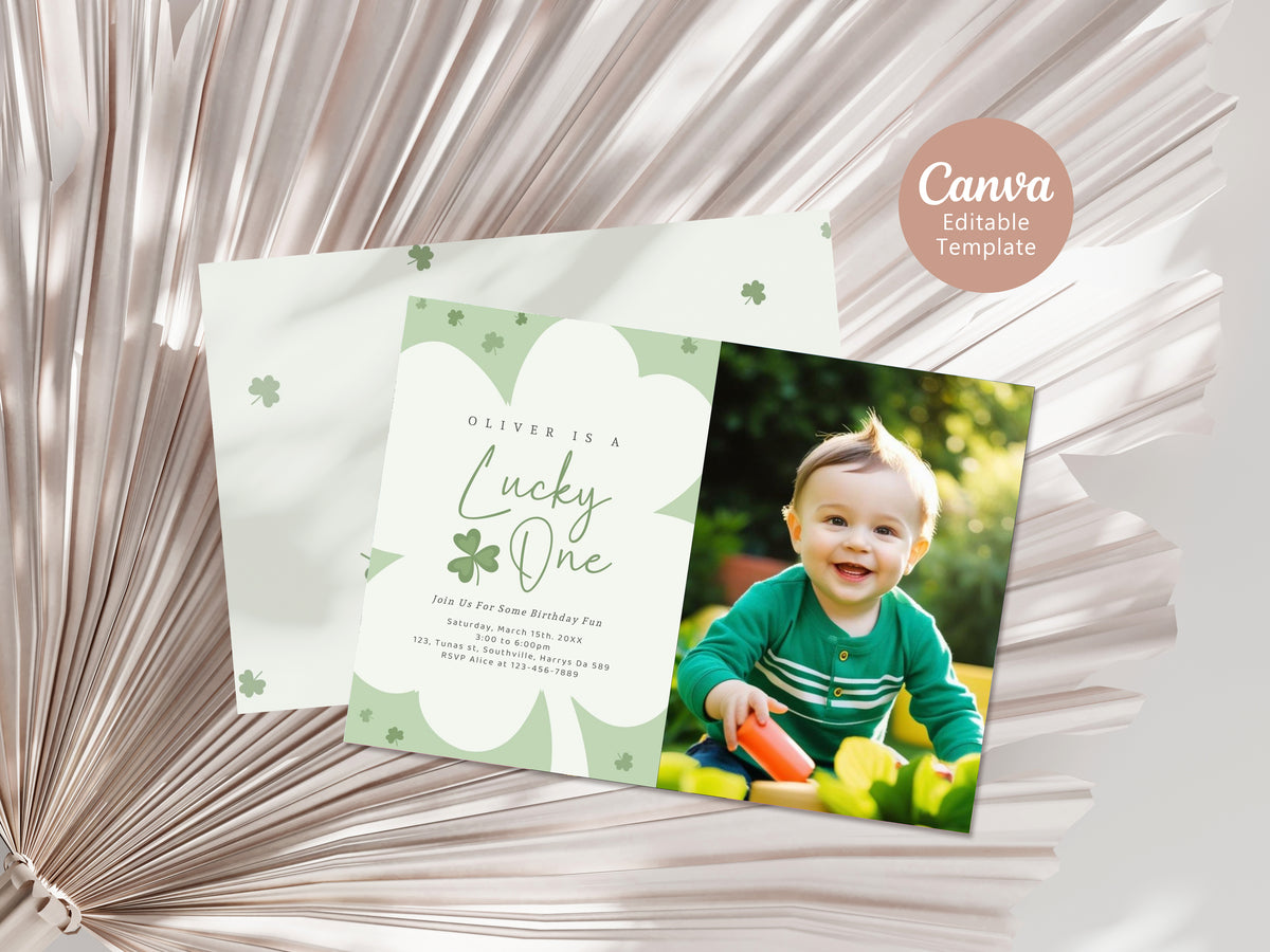 Editable Lucky One Photo Invitation, Shamrock Birthday Photo Invitation, Lucky One First Birthday Boy, St Patrick's Birthday Photo Invitation, Instant 0494