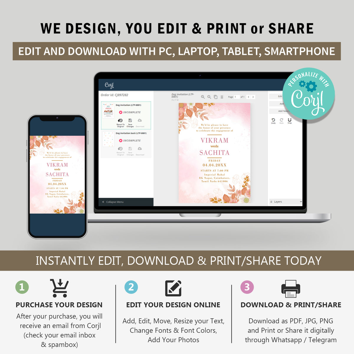 Watercolour Pink Palette Wedding Invitation Template, Printable Invitation, Evite, Digital Wedding Invite, Edit yourself, Corjl – WI0007
