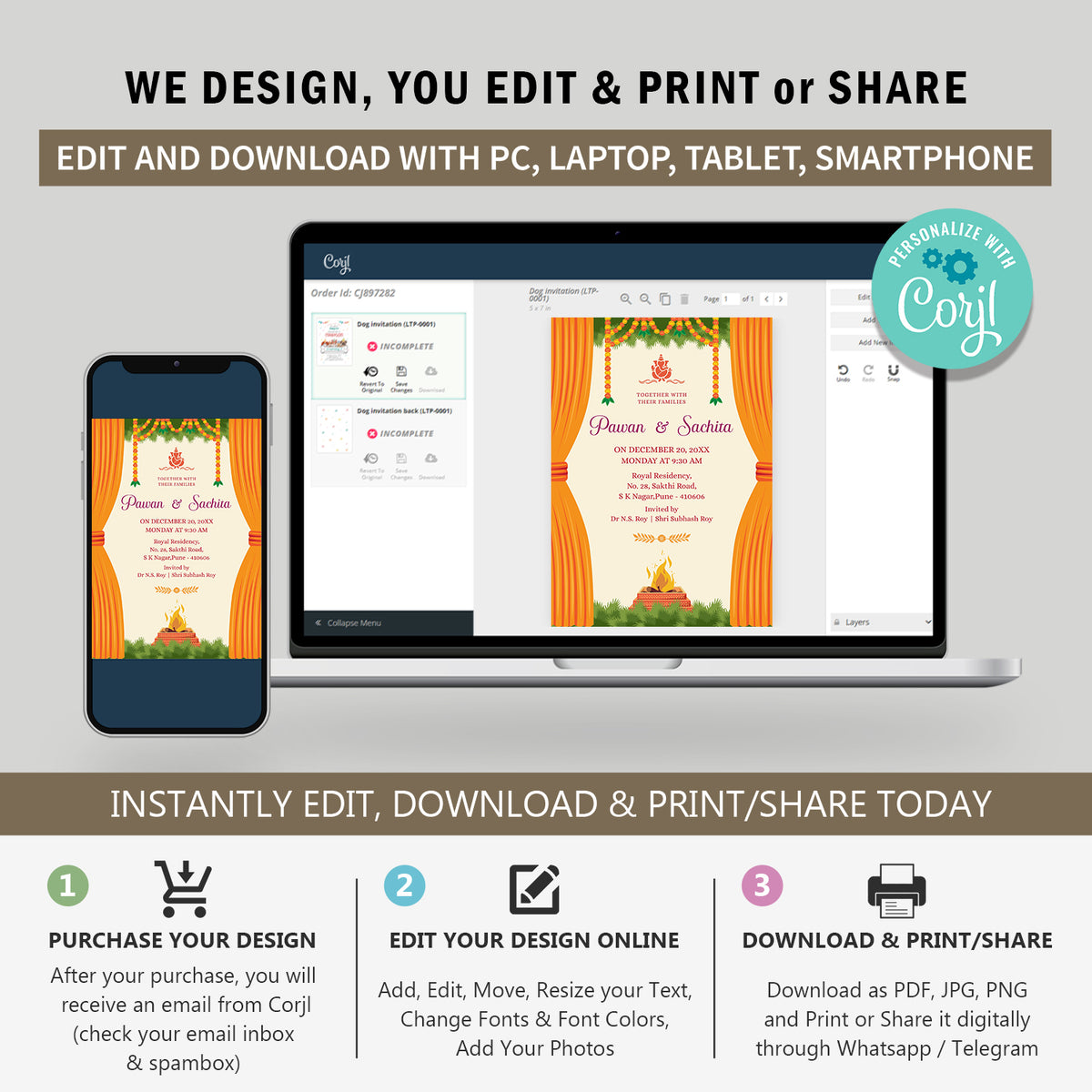 Tradtional Yellow Wedding Invitation Template, Printable Invitation, Evite, Digital Wedding Invite, Edit yourself, Corjl – WI0058