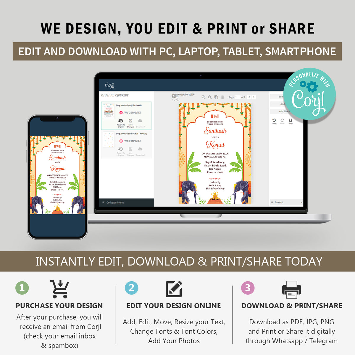 Marigold Traditional Wedding Invitation Template, Printable Invitation, Yellow, Evite, Digital Wedding Invite, Edit yourself, Corjl – WI0061