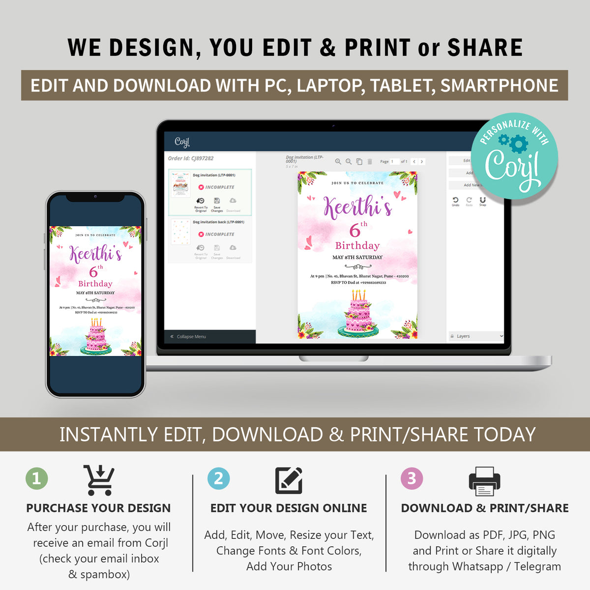 Cake Birthday Invitation Template, Printable Invitation, Girl Birthday, Evite, Digital Invite,  - B002