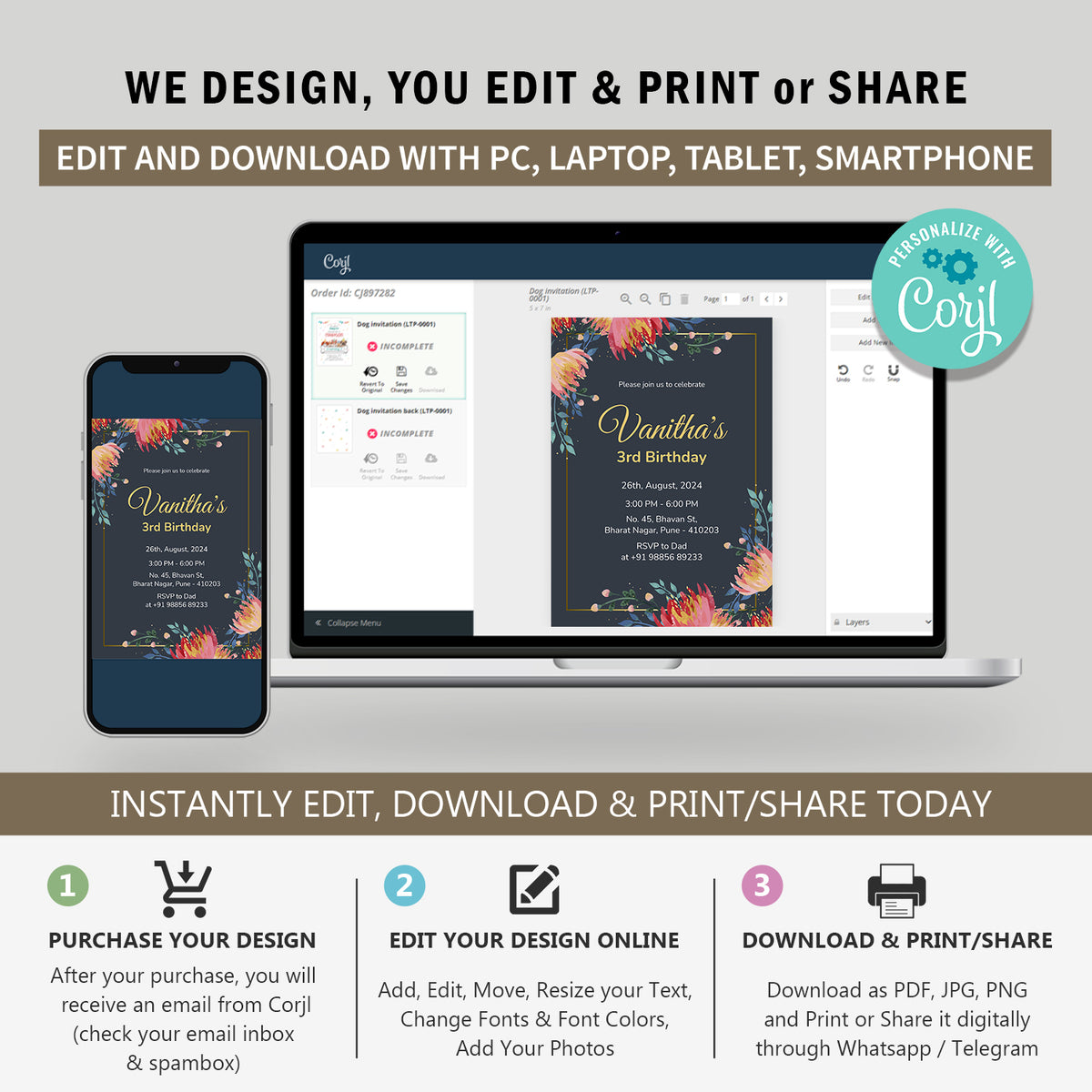 Flower Party Birthday Invitation Template, Printable Invitation, Girl Birthday, Evite, Digital Invite,  - FP0071