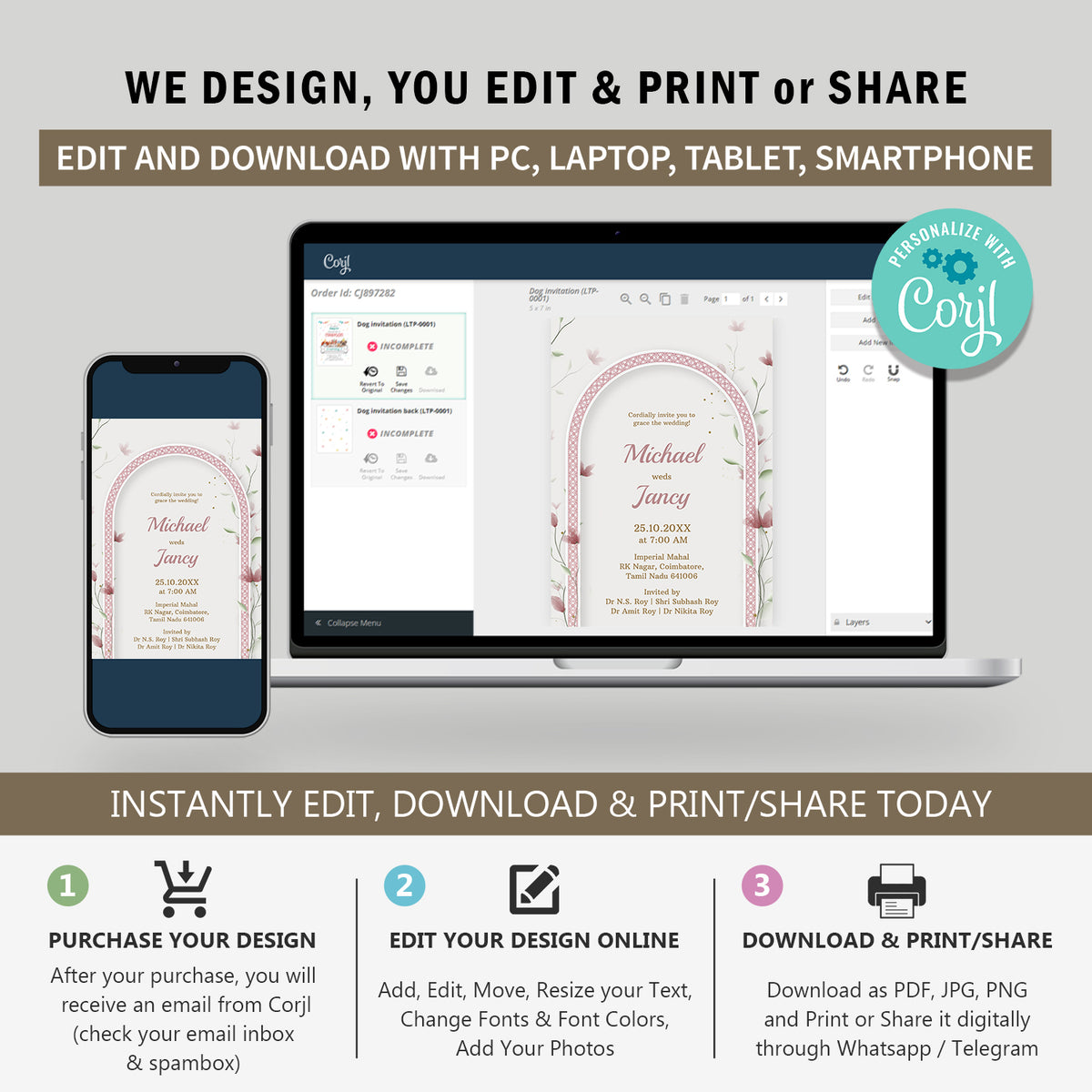 Elegant Arch Wedding Invitation Template, Printable Invitation, Evite, Pink, Green, Digital Wedding Invite, Edit yourself, Corjl – WI0009