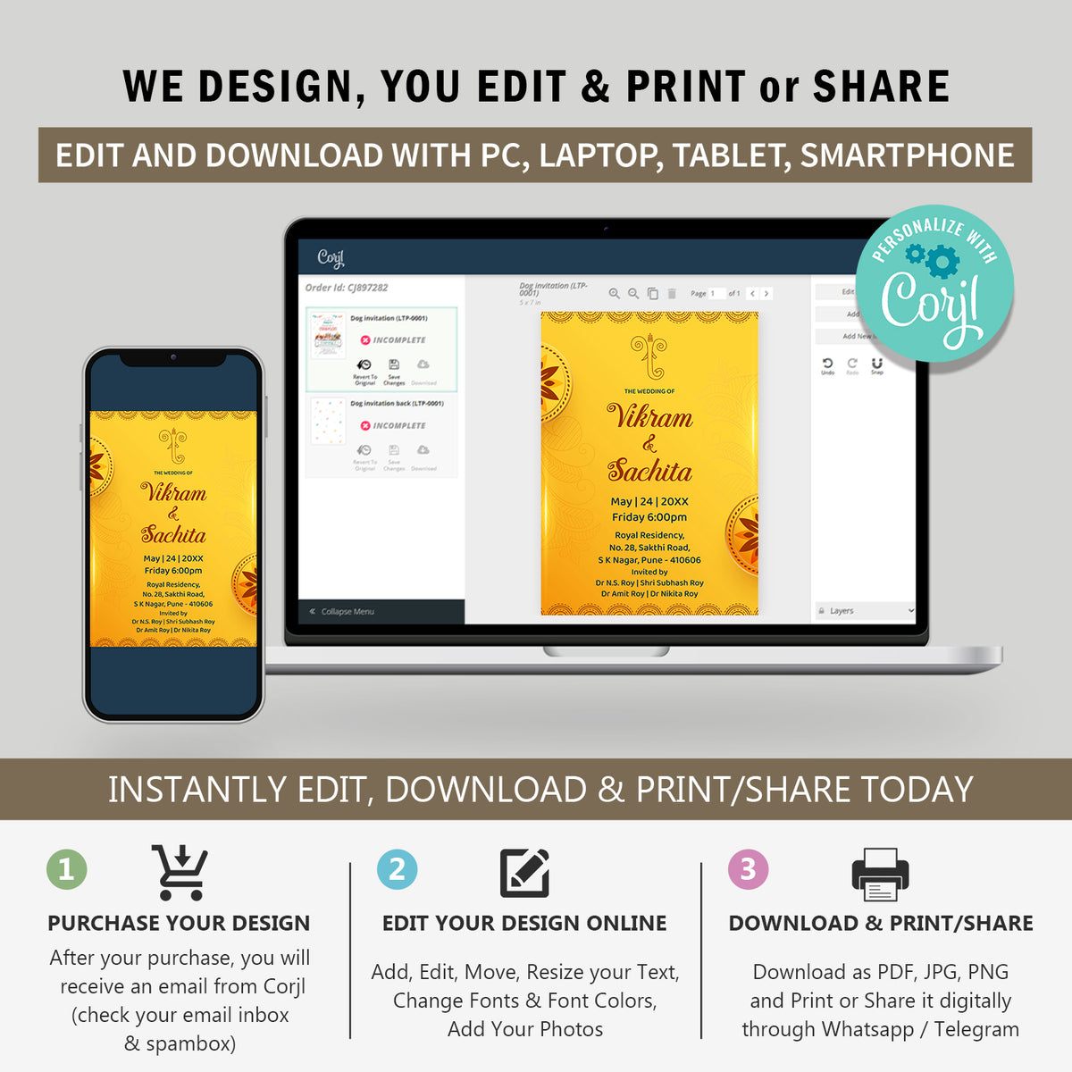 Indian Traditional Wedding Invitation Template, Printable Invitation, Yellow, Evite, Digital Wedding Invite, Edit yourself, Corjl – WI0006