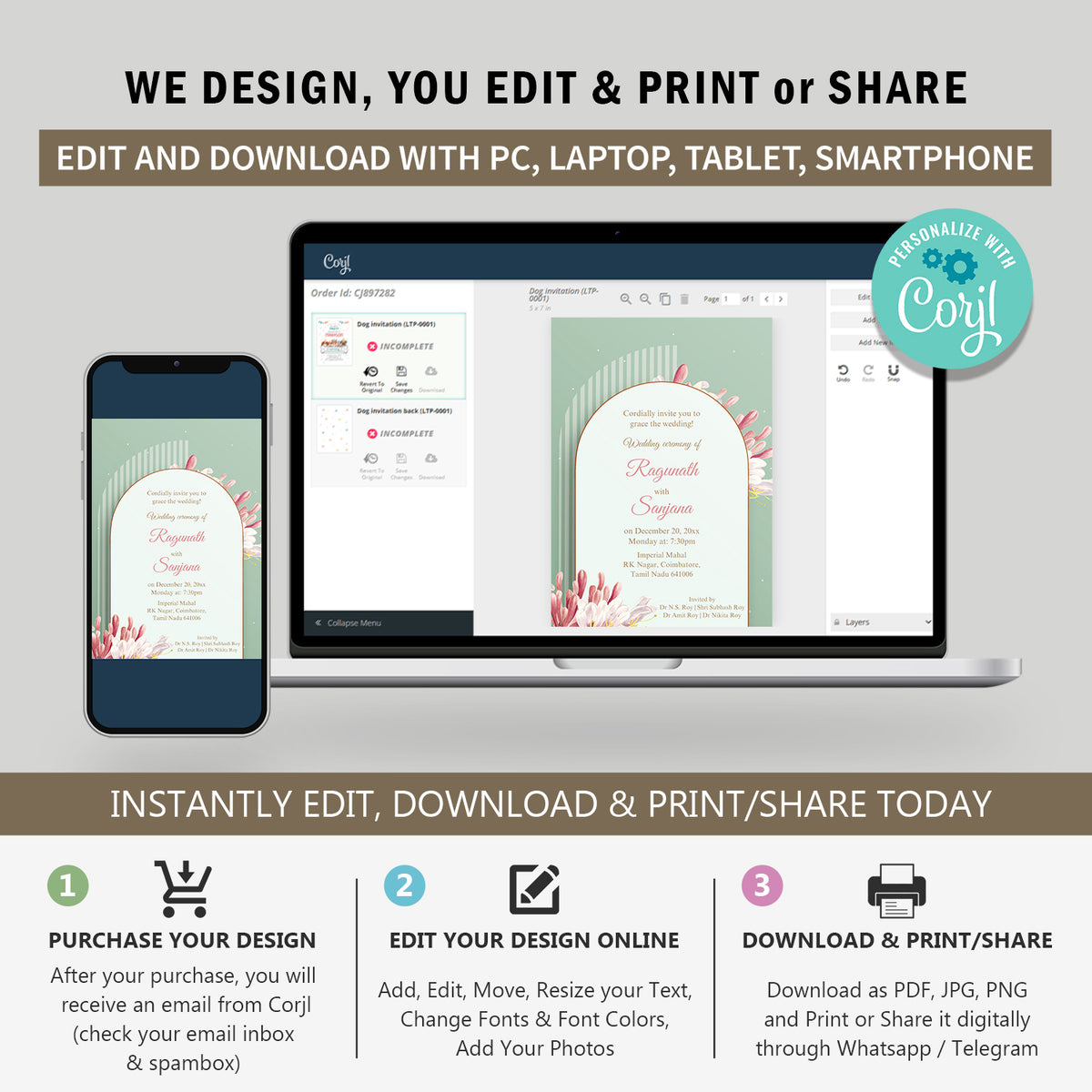 Elegant Green Arch Wedding Invitation Template, Printable Invitation, Evite, Digital Wedding Invite, Edit yourself, Corjl – WI0008