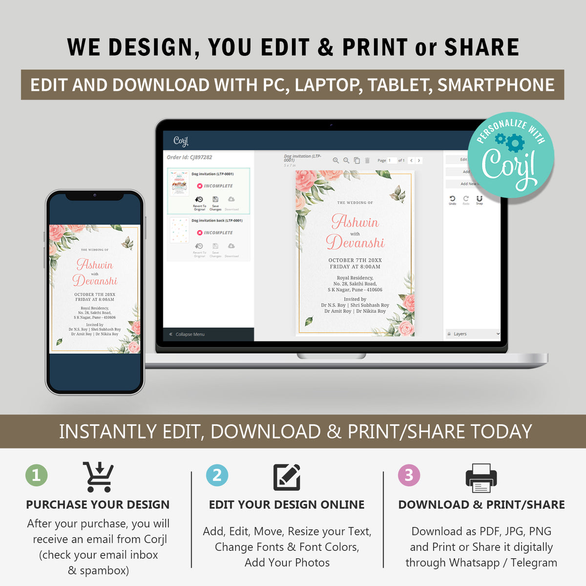 Watercolour Pink Palette Wedding Invitation Template, Printable Invitation, Evite, Digital Wedding Invite, Edit yourself, Corjl – WI0018