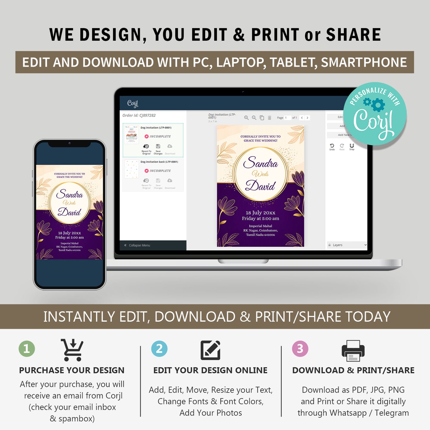 Purple Flower Wedding Invitation Template, Printable Invitation, Evite, Digital Wedding Invite, Edit yourself, Corjl – WI0005