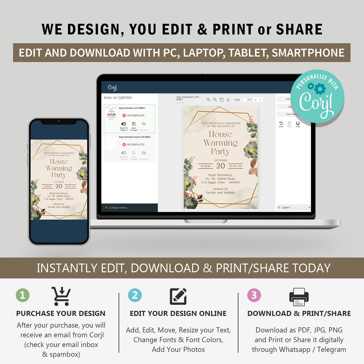 Elegant Green Palette House Warming Invitation Template, Printable Invitation, Evite, Digital Housewarming Invite, Edit yourself, Corjl – HW0012 (Copy)