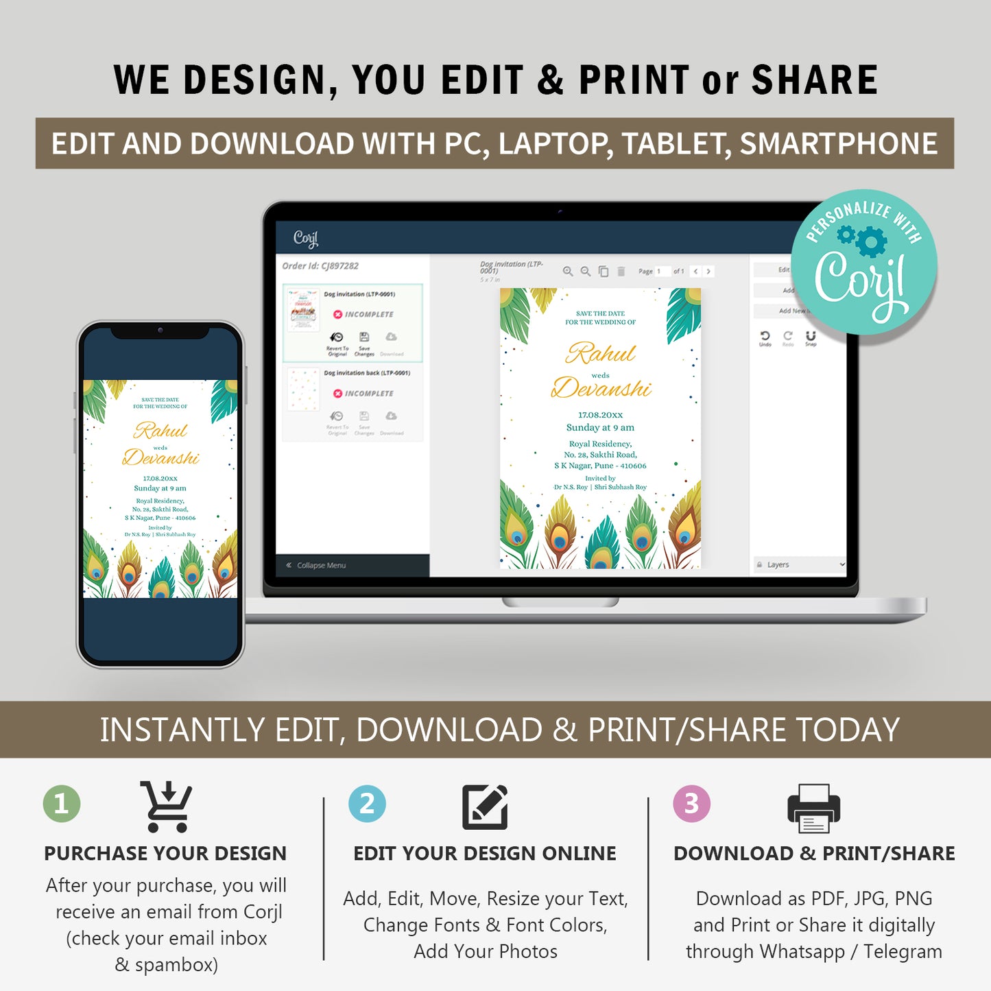 Green Peacock Wedding Invitation Template, Printable Invitation, Evite, Digital Wedding Invite, Edit yourself, Corjl – WI0067