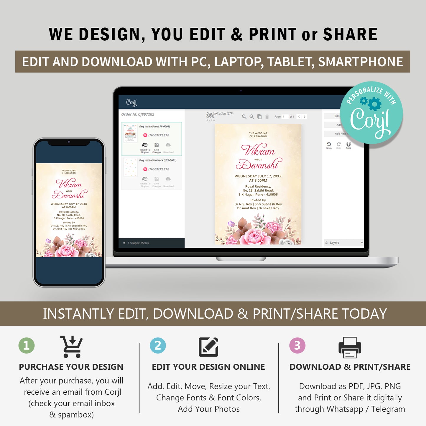 Watercolour Pink Wedding Invitation Template, Printable Invitation, Evite, Digital Wedding Invite, Edit yourself, Corjl – WI0029
