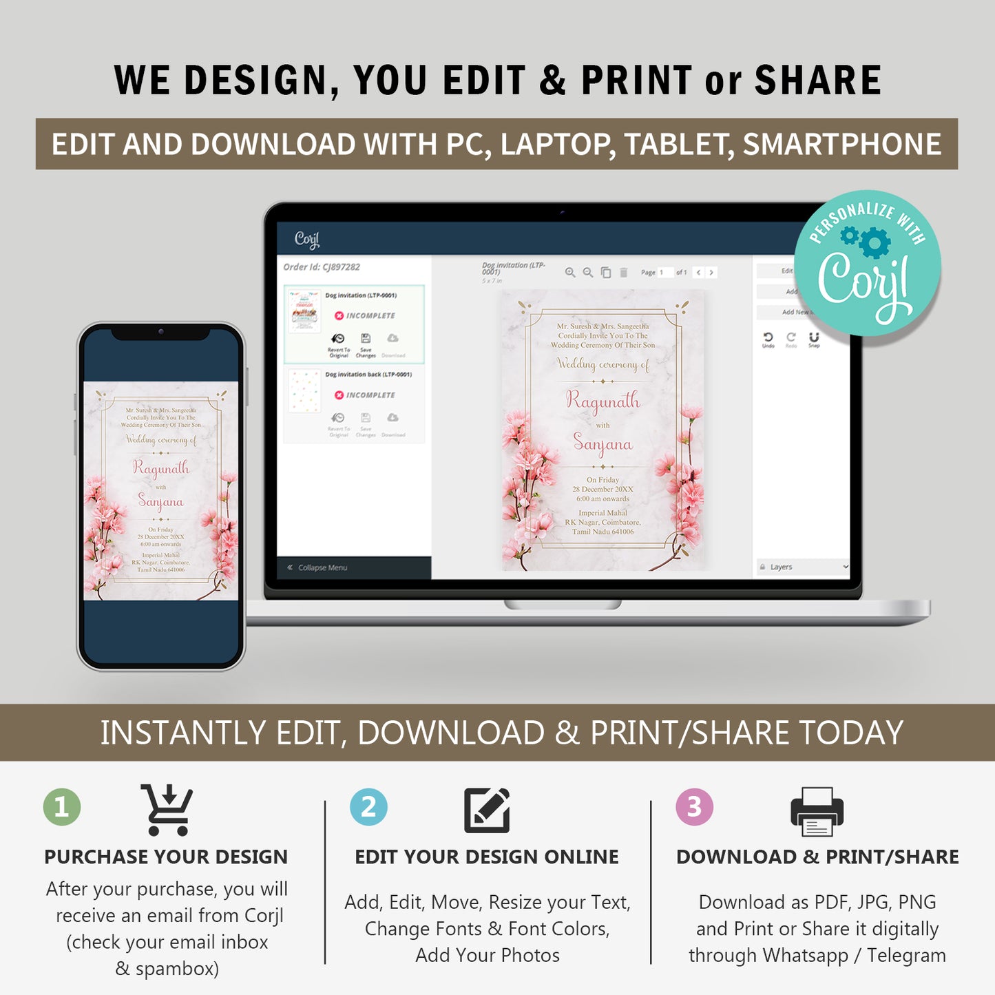 Pink Orchid Floral Wedding Invitation Template, Printable Invitation, Evite, Digital Wedding Invite, Edit yourself, Corjl – WI0001
