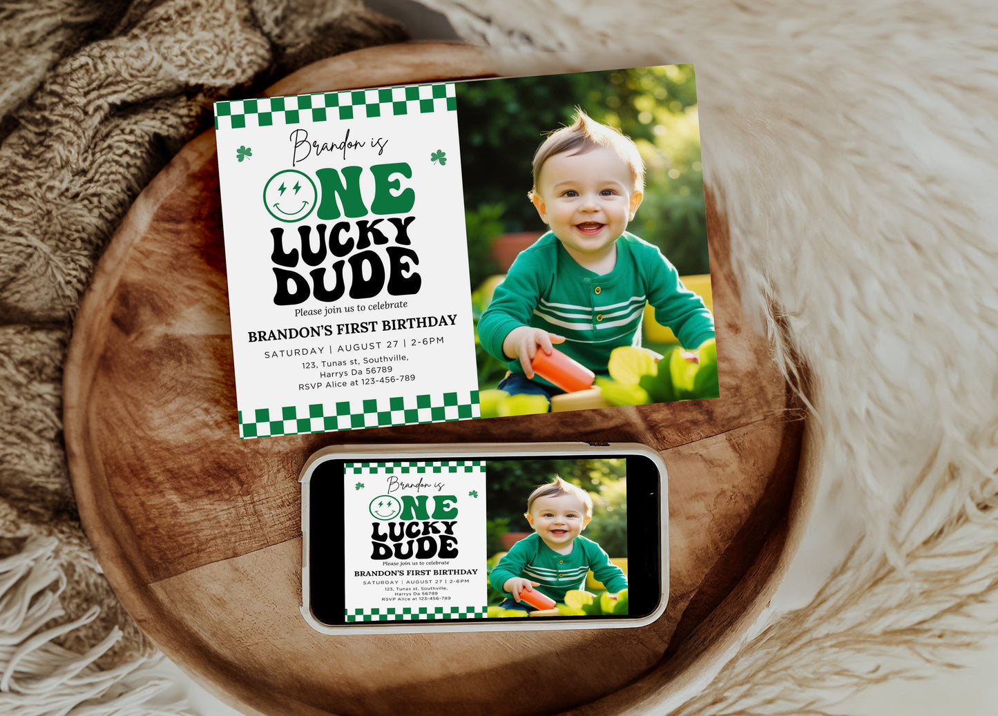 Groovy One Lucky Dude Photo Invite, St Patrick's Boy 1st Birthday Photo Invitation, Retro Checkered Smiley Face Birthday Party Editable Template 0501
