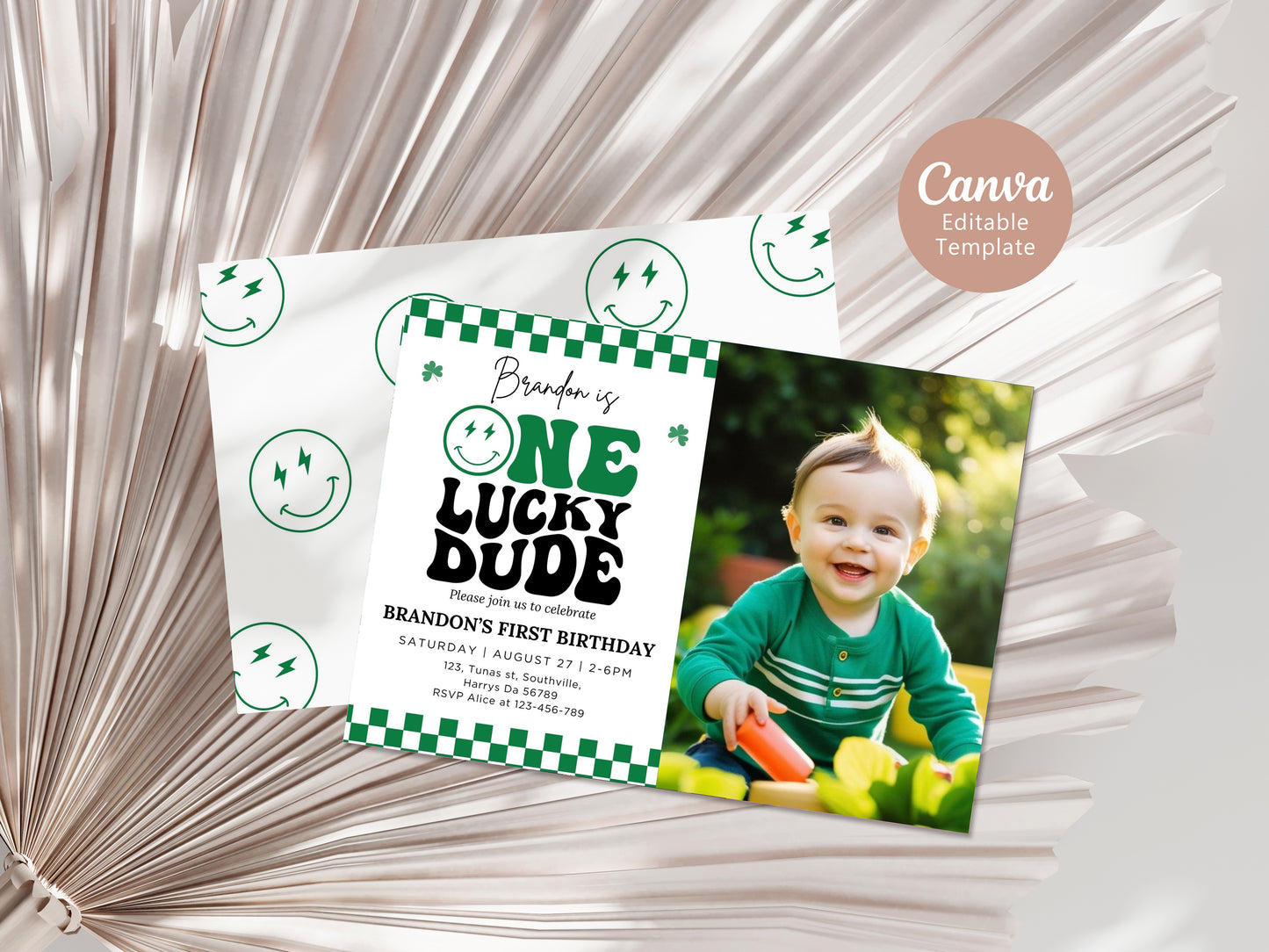 Groovy One Lucky Dude Photo Invite, St Patrick's Boy 1st Birthday Photo Invitation, Retro Checkered Smiley Face Birthday Party Editable Template 0501