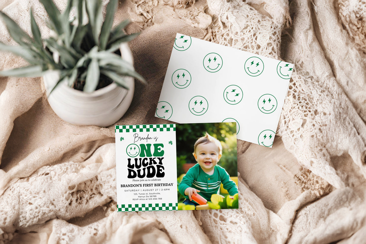 Groovy One Lucky Dude Photo Invite, St Patrick's Boy 1st Birthday Photo Invitation, Retro Checkered Smiley Face Birthday Party Editable Template 0501