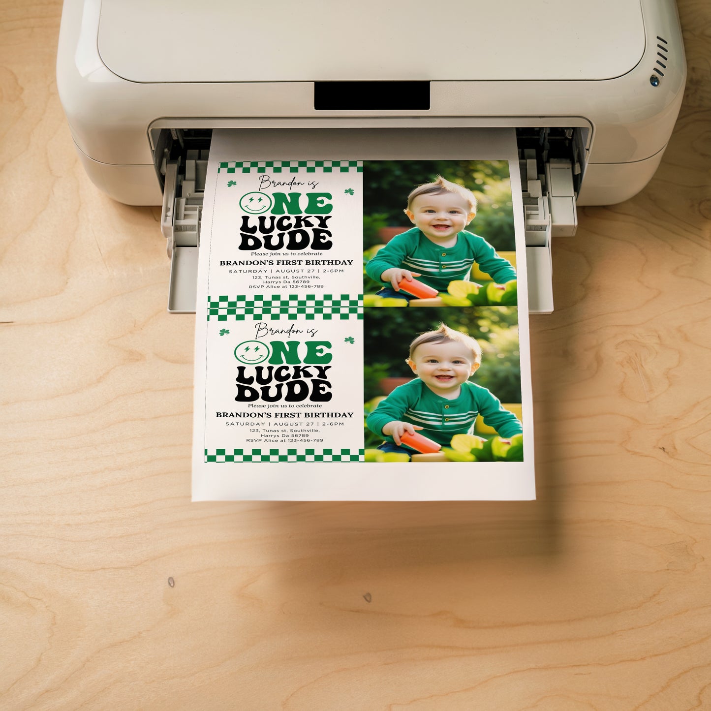 Groovy One Lucky Dude Photo Invite, St Patrick's Boy 1st Birthday Photo Invitation, Retro Checkered Smiley Face Birthday Party Editable Template 0501