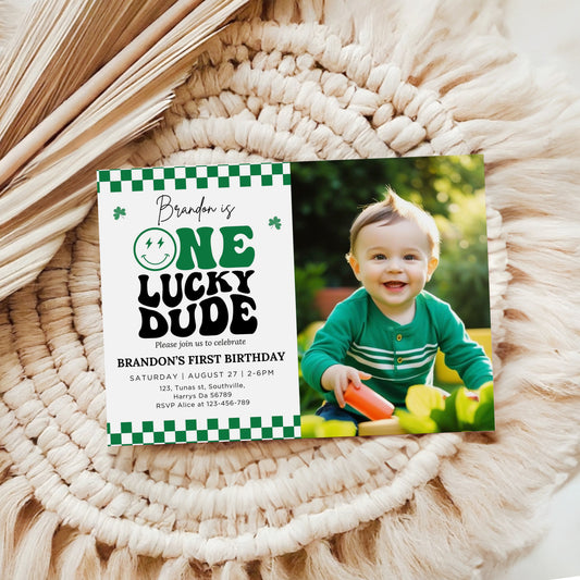 Groovy One Lucky Dude Photo Invite, St Patrick's Boy 1st Birthday Photo Invitation, Retro Checkered Smiley Face Birthday Party Editable Template 0501