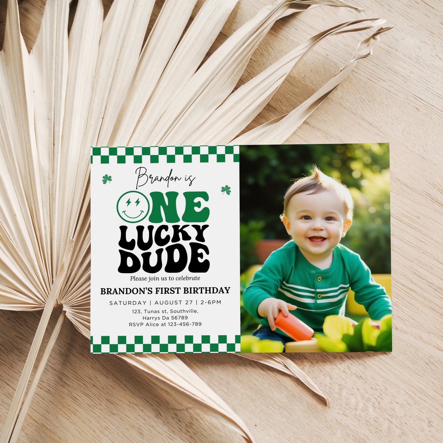 Groovy One Lucky Dude Photo Invite, St Patrick's Boy 1st Birthday Photo Invitation, Retro Checkered Smiley Face Birthday Party Editable Template 0501