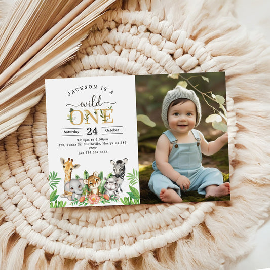 Photo Wild One First Birthday Invitation Template, Editable Safari 1st Birthday Invite, Jungle Evite, Instant Download, Printable, 0535